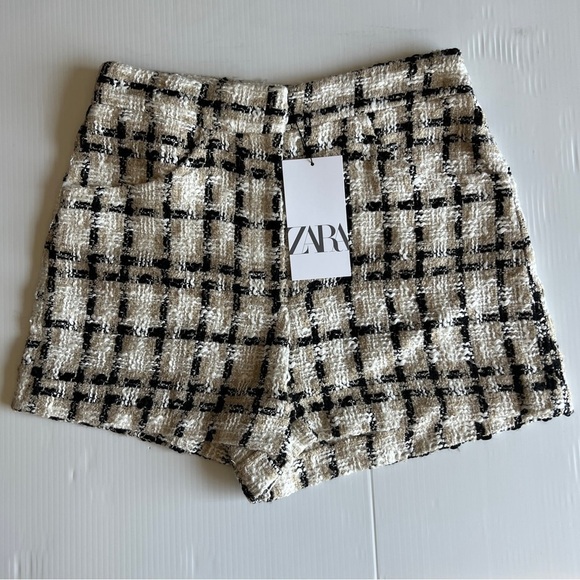 ZARA TEXTURED WEAVE PLAID SHORTS TAUPE BROWN | 2214/623 SIZE M - Picture 6 of 15